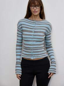 MUSERA Striped Fuzzy Knit Long Sleeve Cardigan Top Autumn Cute Daily Girly Sweet Mischief - Blue - View 1