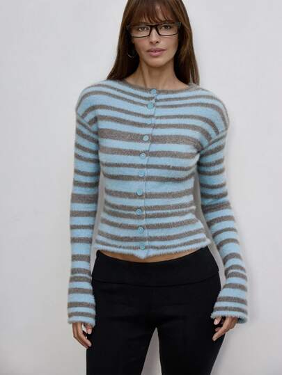 MUSERA Striped Fuzzy Knit Long Sleeve Cardigan Top Autumn Cute Daily Girly Sweet Mischief