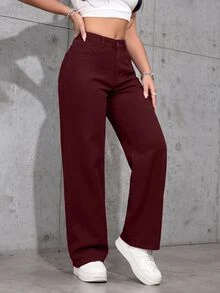 SHEIN PETITE 女款休閒日常牛仔褲，附口袋與鈕扣，秋冬款，小碼女款，新年牛仔褲 - 酒紅色 - 查看 6
