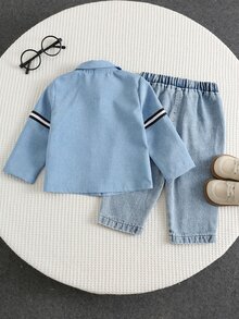 SHEIN 男嬰牛仔襯衫套裝，秋冬新款長袖襯衫與休閒水洗牛仔褲2件套，百搭外穿，寬鬆極簡休閒風 - 白色 - 查看 2