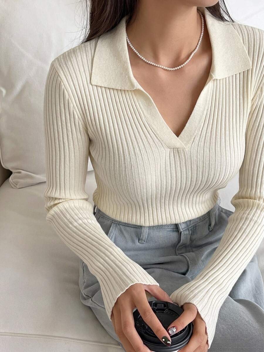 DAZY 女款純色領口長袖商務休閒套頭針織衫 - 米色 - 查看 1