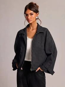 SHEIN BAE 女款街頭時尚高領鈕扣長袖夾克 - 深灰色 - 查看 3