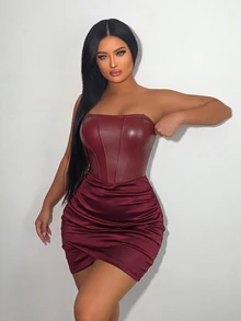 VaVaBold Women's Sexy Ruched Strapless Bodycon Dress - Burgundy - View 5