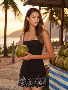 CAJUNI Mini Spaghetti-Strap Dress With Embroidered Flower Detail At The Hem; Summer, Vacation, Beach, Elegant, Casual Chic, Resort Style. - Black - View 3