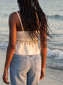 CAJUNI Spaghetti-Strap Top Featuring Special Shell-Style Fabric And Trim; Perfect For A Chic, Elegant, And Casual Summer Vacation Look. - Beige - View 2