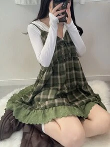 DAZY 青少年女孩格紋百褶休閒日常外出細肩帶上衣 - 綠色 - 查看 5