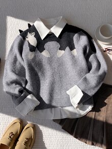Comfortcana Women's Cute Korean Style Cat Jacquard Long Sleeve Sweater - Grey - View 9