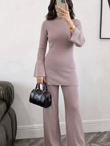 Veilorie Women's Solid Color Stand Collar Bell Sleeve Sweater And Knitted Long Pants Casual 2 Pieces Set - Pink - View 6