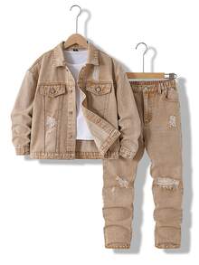 SHEIN Setelan Dua Potong Keren untuk Anak Laki-Laki: Jaket Sobek dan Celana Jeans Slim Fit Nyaman dengan Desain Lusuh dan Modis untuk Anak Laki-Laki - Khaki - View 1
