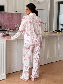 SweetSlumber Women's Comfortable Button Long Sleeve Top And Bow Decor Long Pants Pajama Set - Multicolor - View 2