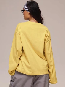 MUSERA 白色圖形Logo細節長袖上衣 冬季休閒日常舒適穿搭酷白女款上衣 - 黃色 - 查看 4