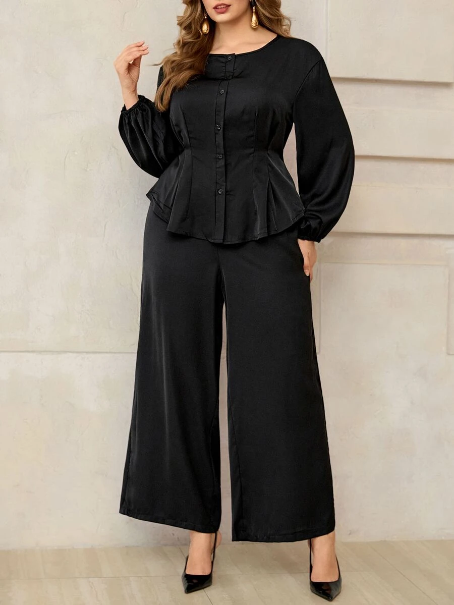 Roveilla Plus Size Women Round Neck Long Sleeve Ruched Waist Blouse + Elastic Waist Loose Comfortable Pants Two Pieces Set - Black - View 1