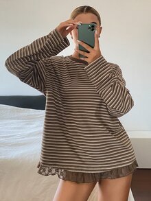 Dazy Tall Women's Round Neck Loose Striped Lace Patchwork Urban Casual T-Shirt - Brown - View 8