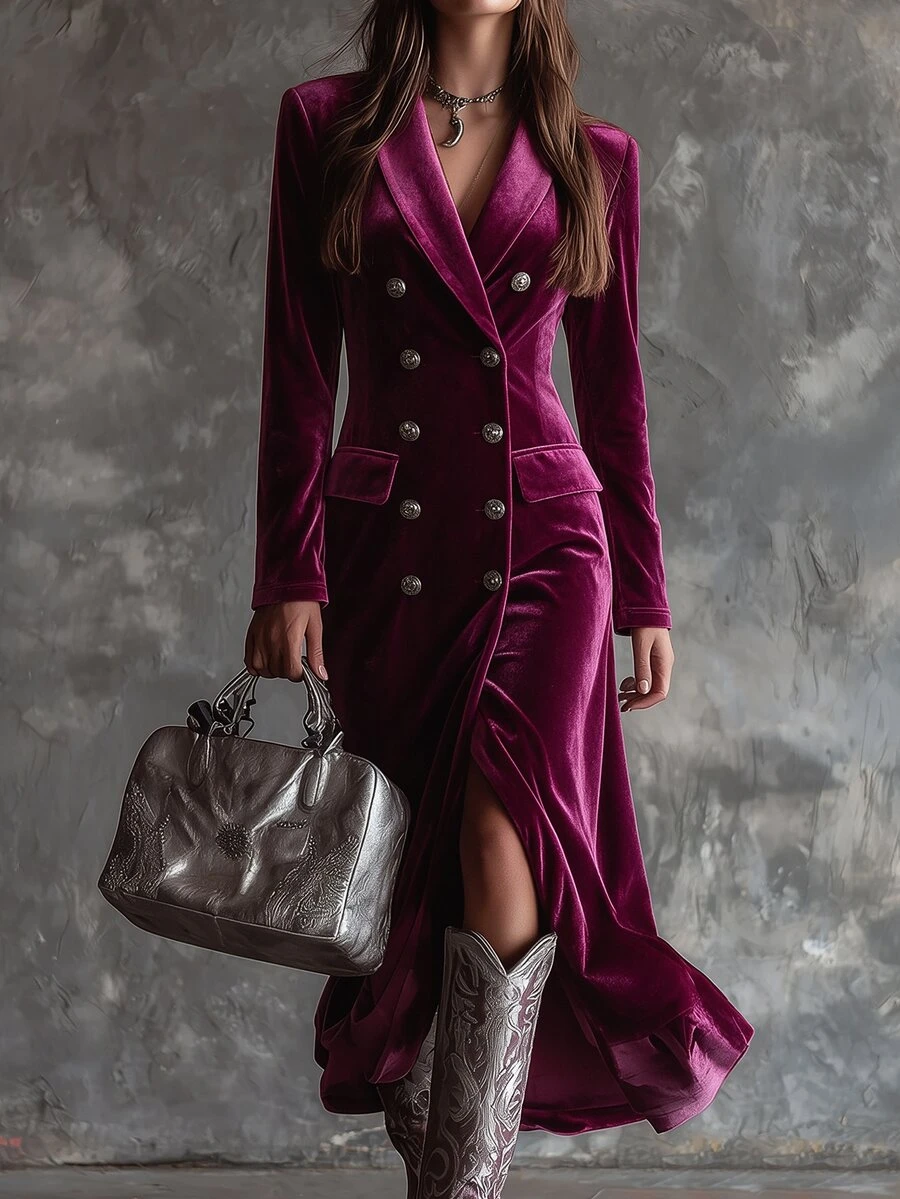 Balvessa Shawl Collar Double Breasted Placket Velvet Dress - Hot Pink - View 1
