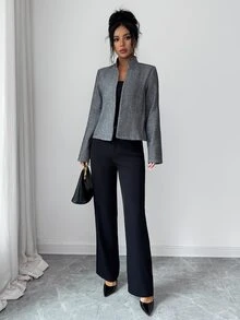 Elenzga Elegant Herringbone Black & White Women's Overcoat - Black and White - View 5