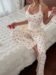 CottageSlumber Allover Cherry Print Lace Trim Spaghetti Strap Top & Pants PJ Set - White - View 1