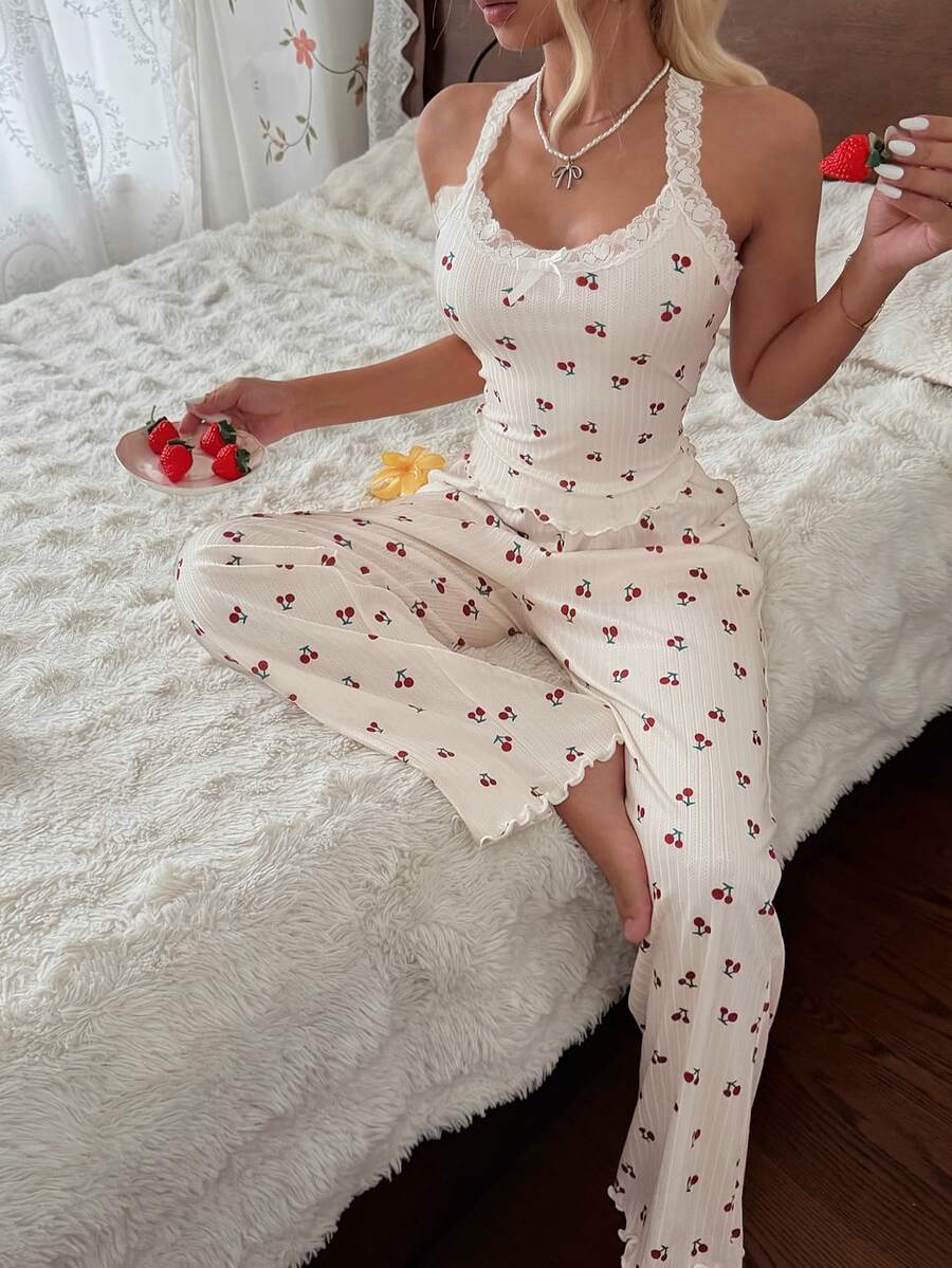 CottageSlumber Allover Cherry Print Lace Trim Spaghetti Strap Top & Pants PJ Set - White - View 1