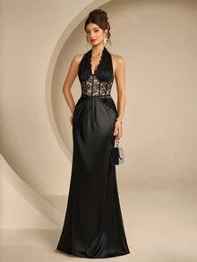 Coutiva Women's Lace Patchwork Pleated Elegant Cinched Waist Formal Evening Dress Halter Neck - Black - View 10