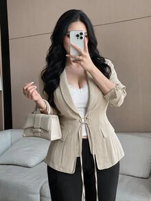 Feyla Plus Size Casual Elegant Drawstring Long Sleeve Blazer - Khaki - View 5