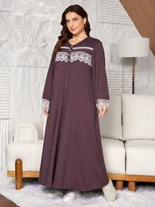 Lacomfia Knitted Dark Red Dress Casual Daily Versatile Loose Long Sleeve Patchwork Lace Trim Button Design Comfortable Home Wear Plus Size Dress - Red - View 6