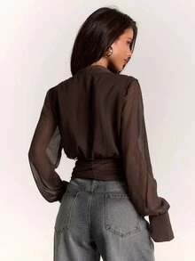 SHEIN BAE Women's Solid Color Deep V-Neck Long Sleeve Ruched Fashion Top - Brown - View 2