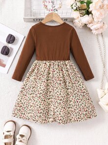 Young Girl Knitted Solid Color Round Neck Patchwork Floral Fitted Casual Autumn/Winter Dress - Multicolor - View 5