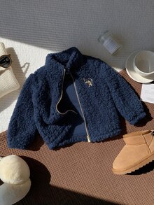 SHEIN 男嬰可愛秋冬百搭毛茸茸杏色刺繡圖案立領夾克 抓絨外套 嬰兒外套 秋冬厚款白色夾克 - 藏蓝色 - 查看 4