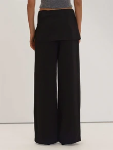 MUSEYN Black Woven Fold Over Buckle Layered Trousers Versatile Everyday Casual Fall - Black - View 4