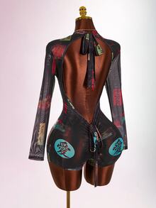 Amplova Women Long Sleeve Backless Drawstring Fitted Mesh Bodysuit Sexy Exaggerated Pattern Vintage Elegant - Black - View 1