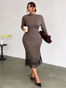 Firerie Plus Size French Lace Patchwork Waist-Cinching Dress - Brown - View 5