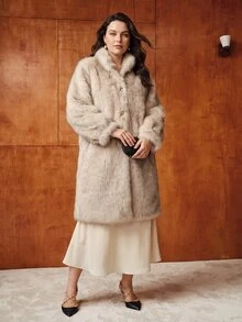 MOTF PREMIUM PLUS SIZE WOMEN AUTUMN WINTER STAND COLLAR LOOSE METAL BUTTON FAUX FUR COAT - Khaki - View 1