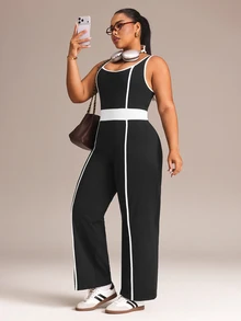 Easithlete Women's Plus Size Colorblock Casual Daily Wear Sports Jumpsuit - Black - View 4