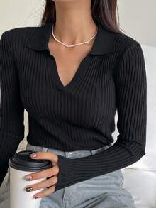 DAZY 女款素色領口長袖商務休閒套頭針織衫 - 黑色 - 查看 3