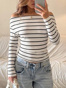 SHEIN 青少年女孩休閒不對稱肩扭結純色針織長袖T恤，日常通勤內搭層 - 彩色 - 查看 5