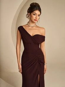 Coutiva Women's Solid Color Off-Shoulder Slit Design Elegant Waist-Cinching Formal Evening Gown Dress - Brown - View 6