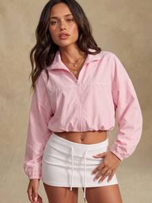 Dewbera Dewbera Solid Color Stand Collar Casual Loose Minimalist Short Long Sleeve Sports Jacket - Pink - View 1