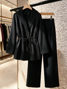 GlowEve CURVE Plus Size Women Solid Color Long Sleeve Blazer And Pants Elegant Suit Set - Black - View 3