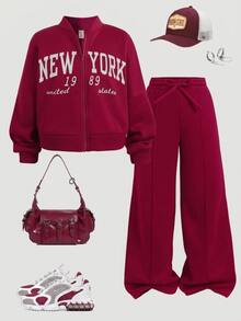 Kids Tween Girl 1pc Letter Graphic Zip Up Thermal Lined Bomber Autumn Winter Jacket & 1pc Wide Leg Sweatpants Set - Burgundy - View 2