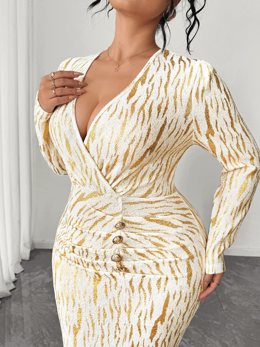 Elenzga Plus Size Women Deep V-Neck All-Over Print Casual Party Dress - Multicolor - View 1