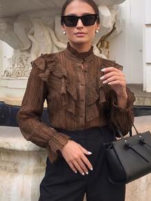 Firerie Autumn Women Elegant Sophisticated Romantic Palace Vintage Stand Collar Ruffle Jacquard Textured Button Bell Sleeve Apricot Blouse Going Out Tops - Brown - View 2