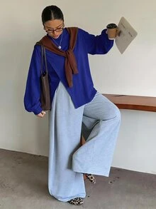Dazy Plus Small Round Neck Solid Color Casual Versatile Side Slit Design Long Sleeve White Spring Summer Autumn T-Shirt - Royal Blue - View 1