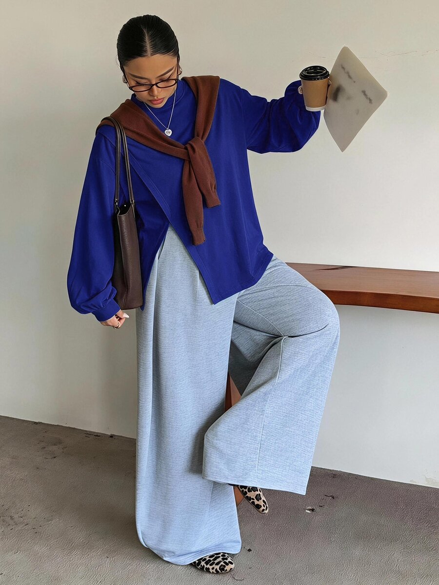 Dazy Plus Small Round Neck Solid Color Casual Versatile Side Slit Design Long Sleeve White Spring Summer Autumn T-Shirt - Royal Blue - View 1