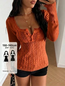 StreetHx Petite 女款素色秋冬U領鈕扣休閒長袖針織上衣 - 橘色 - 查看 5