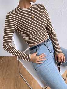 SHEIN Frenchy 女款韓式條紋拼色長袖圓領T恤 - 棕色 - 查看 5