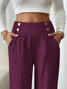 SHEIN PETITE CURVE Plus Size Women's Double Buckle Straight Leg Elegant Commuter Pants Fall - Red Violet - View 4