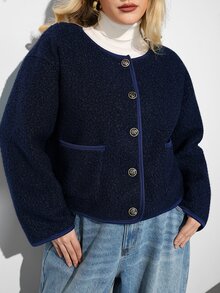 Maija Plus Size Women's Solid Color Casual Daily Wear Wool Blend Coat - Navy Blue - View 6