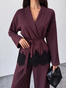 Firerie 女款優雅兩件套，對比色蕾絲下擺條紋西裝外套搭配長褲 - 酒紅色 - 查看 3