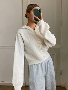 DAZY Solid Color Fitted Short Hooded Long Sleeve Casual Street Vacation Spring Autumn Zip Up Knit Cardigan For Women - Apricot - View 5