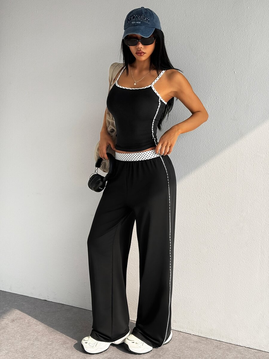FavEase Set Olahraga Kasual Sehari-hari untuk Wanita: Atasan Camisole dan Celana Panjang dengan Kombinasi Warna - Hitam - View 1