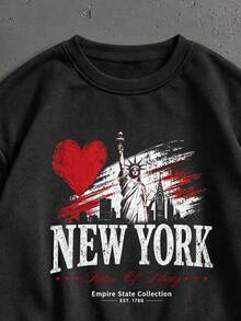 Manfinity ZONE917 美式復古做舊 I Love New York City 圖案黑色套頭運動衫 - 黑色 - 查看 2